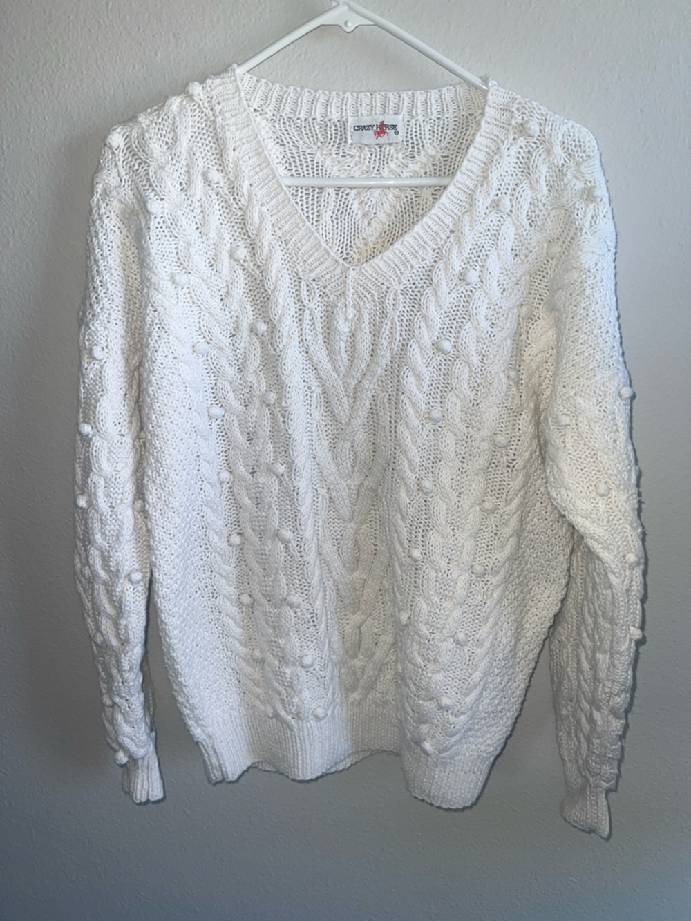 Crazy Horse WhitCable Knit V-Neck Sweater L